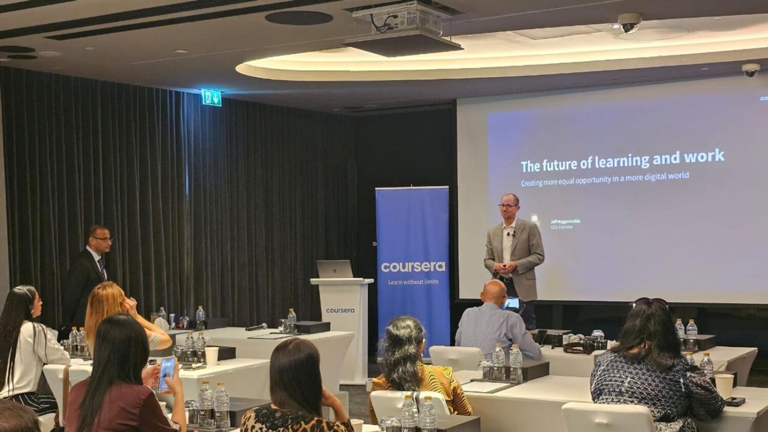 Coursera CEO Jeff Maggioncalda speaks at the launch of Coursera’s new AI features and products to support UAE’s talent transformation agenda toward a digital future. — Supplied photo
